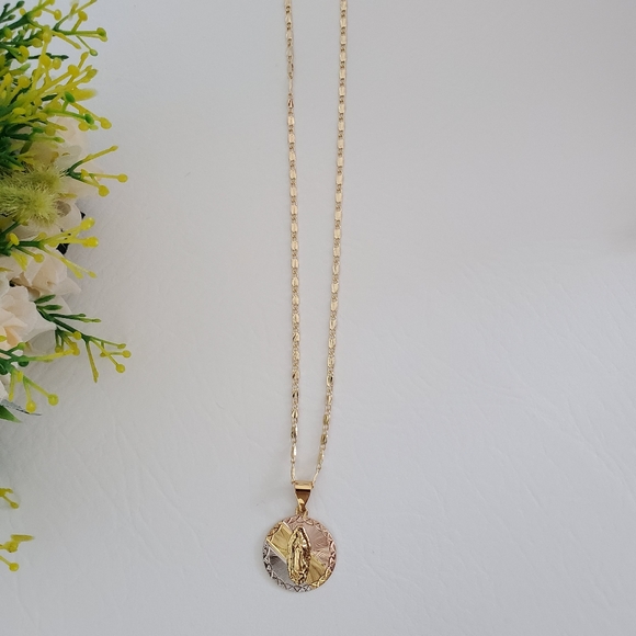 Tri Color Lady of Guadalupe Gold Plated Necklace and Earrings - Picture 2 of 7